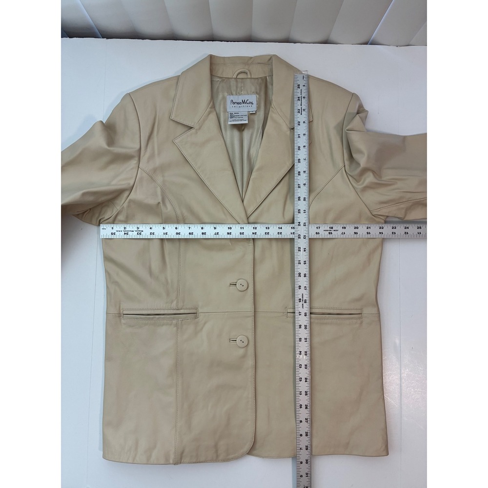Pamela McCoy Cream Beige Genuine Leather Blazer Jacket Size L 3 Button Lined - Picture 5 of 14